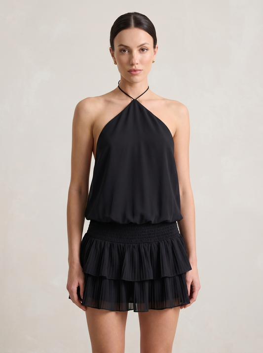 Halter Bağlamalı Açık Sırt Smocked Bel İki Katlı Volanlı Mini Şifon Elbise | Lorlia