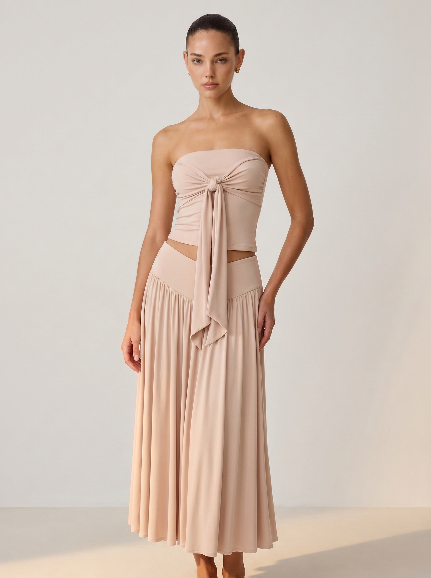 Strapless Knot Bağcıklı Tube Top + Yüksek Bel Curved Yoke Balletcore A-Line Midi Etek Set | Lorlia