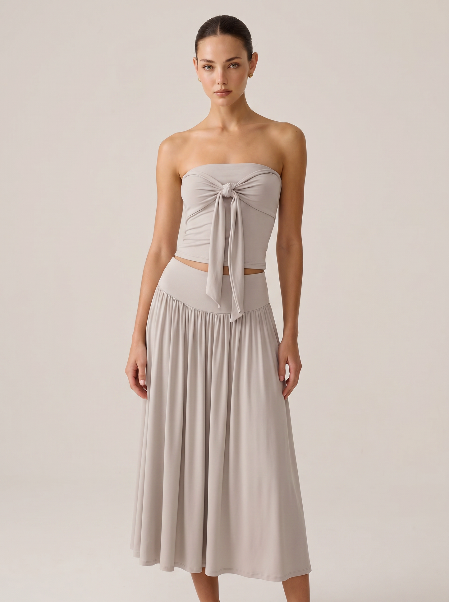 Strapless Knot Bağcıklı Tube Top + Yüksek Bel Curved Yoke Balletcore A-Line Midi Etek Set | Lorlia