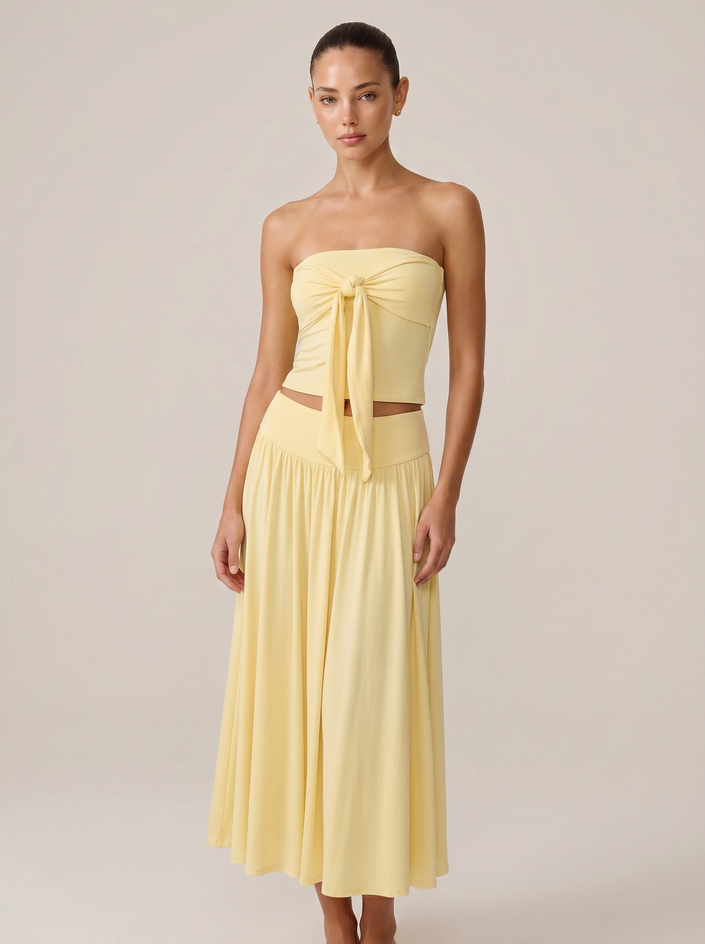 Strapless Knot Bağcıklı Tube Top + Yüksek Bel Curved Yoke Balletcore A-Line Midi Etek Set | Lorlia