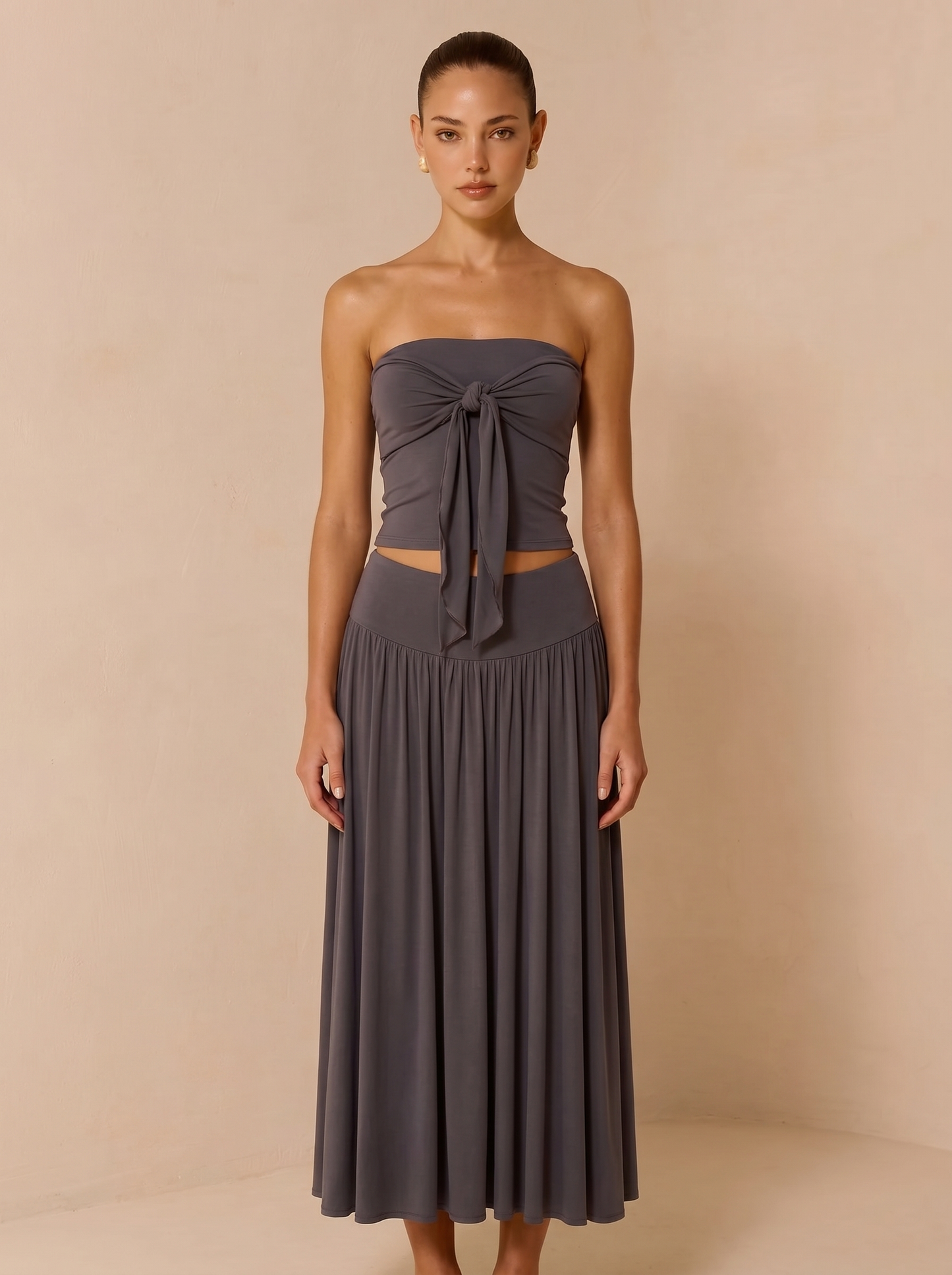 Strapless Knot Bağcıklı Tube Top + Yüksek Bel Curved Yoke Balletcore A-Line Midi Etek Set | Lorlia