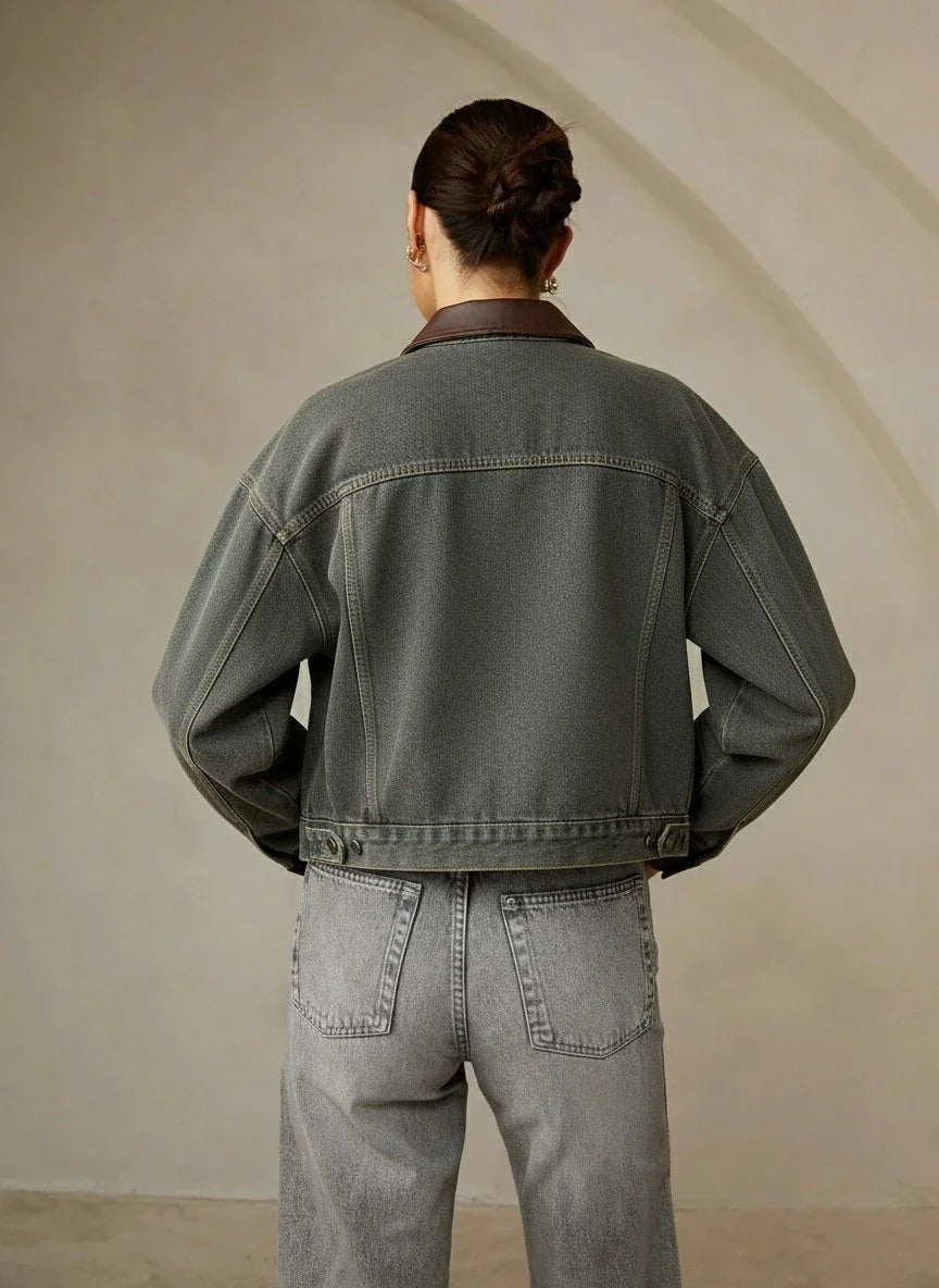 Vintage Kontrast Süslü Yaka Denim Ceket Koyu Kahverengi Uzun Kol | Lorlia